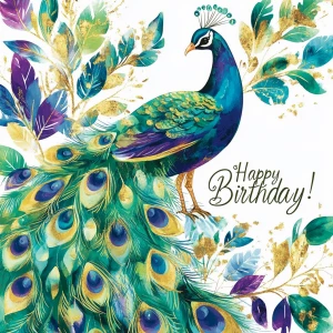 A vibrant peacock adorned with feathers in shades of green, blue...