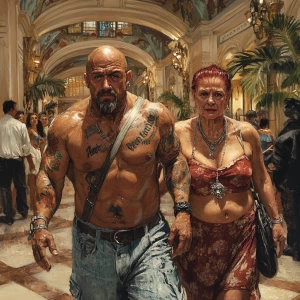 A realistic art, finely detailed depiction of a buff, tattooed m...