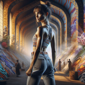 Athletic Thin skinny Attractive, Asian teenage girl, long brown hair and bangs, wearing tight skinny jeans and a halter top paint marks on her clothing, heroic pose Asian graffiti background, backside view