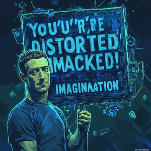 A surreal, hyper-detailed digital illustration of Mark Zuckerber...