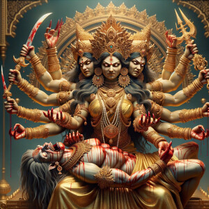 portrait of angry looking, four-armed indian goddess  sitting on a gold crown and carrying a weak mahishasur on her lap and poking his abdomen with her two hands with amazingly long red fingernails . She is wearing gold armor, a huge gold crown, gold saree, abundant  gold jewelry, covered in blood. The scene is set in ancient India. The image is 8K resolution, cinematic, photography, ultra detailed face and epic.