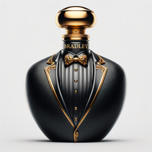 Create a realistic, 3-D cologne bottle That looks like a black Gucci tuxedo with a gold top and the name Bradley written in gold letters