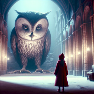A giant owl staring down at a tiny girl in a red coat, 3d Pixar-...
