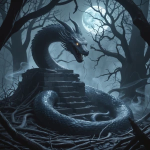 "Amidst a shadowy forest, a colossal, majestic serpent coils sil...