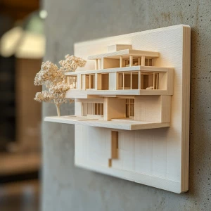 3D printed scale model of a modern house being displayed as art on a wall