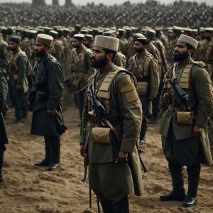Generate a picture of 5 Muslim army generals with their backs sh...