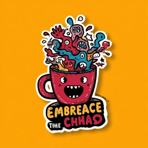 die-cut sticker of hand-drawn coffee cup overflowing with chaoti...