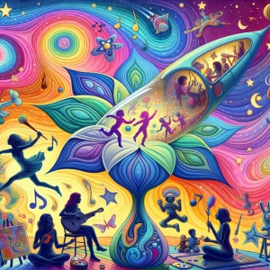 Create a vibrant digital illustration in the style of Peter Max'...