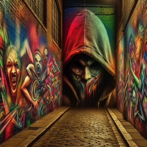 "Visualize a graffiti nightmare sprawled across a dimly lit urban alley, vibrant colors clashing in chaotic patterns, distorted faces and twisted shapes leaping from the brick walls. Amidst this surreal mural, a suspicious character lurks—a shadowy figure cloaked in a tattered hoodie, features obscured, eyes barely visible under the brim. The scene pulses with an ominous energy, the graffiti seemingly alive, whispering secrets to those who dare pass by. The atmosphere is tense, filled with the gritty uncertainty of the unknown."