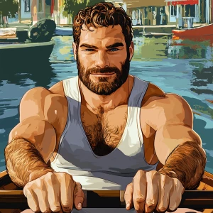 White muscular thin man with beard, big chin, smile and cheekbon...