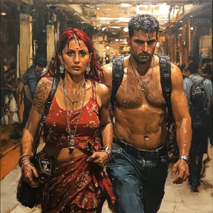 Realism sharp detailed painting.A sweaty beefy man walking with...