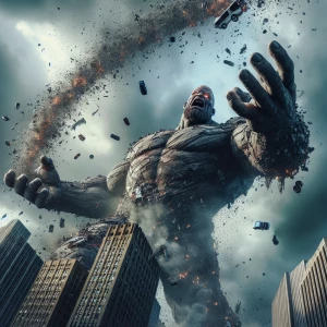 A colossal bald villain displaying immense strength by hurling v...