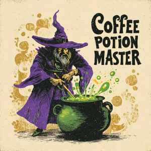 hand-drawn wizard-like figure brewing coffee in a cauldron with...