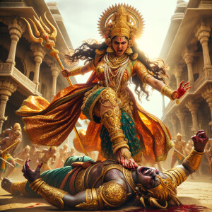 photograph of angry looking, indian goddess trampling a defeated...