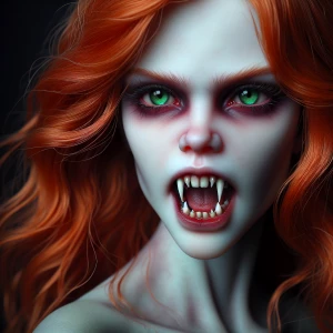 An absolutely terrifying hyper-realistic detailed depiction of a teenage vampire girl baring her fangs.