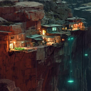 "A close-up view of the hidden cliffside settlement at night, wi...