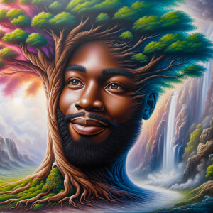 A hyper-realistic 3-D oil painting depicting a tree integrated w...