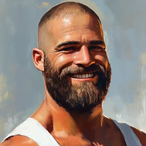 White muscular thin man with beard, big chin, smile and cheekbon...