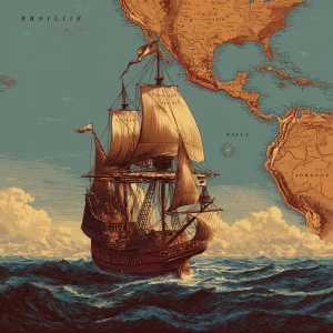 A vessel from the 1400s ship in the ocean same colors add the te...