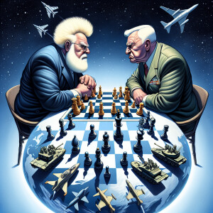 Donald Trump playing chess with Russian president with huge ches...