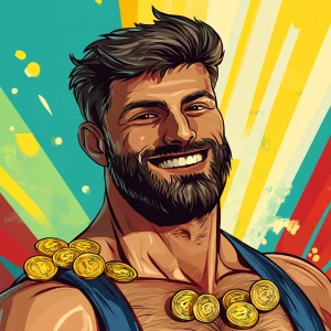 White muscular thin man with beard, big chin, smile and cheekbon...