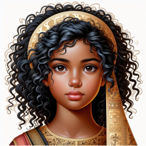 A orthodox icon of a young girl with black curly hair tan light...