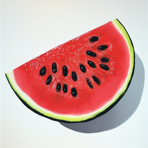 Generate a vibrant colorful image of a ripe, juicy slice of wate...