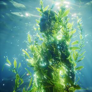 Create a vivid animation showcasing sea moss underwater, glowing...