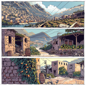 Make an image that has 5 fully horizontal panels, in the first p...