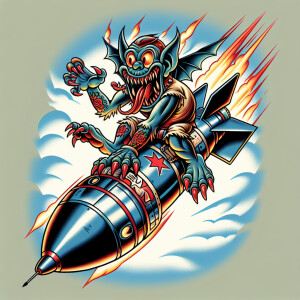 Wwii  nose art of a cartoonish evil monster riding a missle in a...
