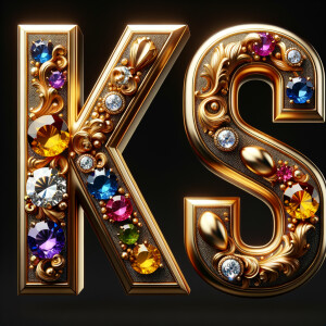 Create a 3-D realistic image with the letters  K.S. in gold raised letters , Add diamonds and colorful jewels