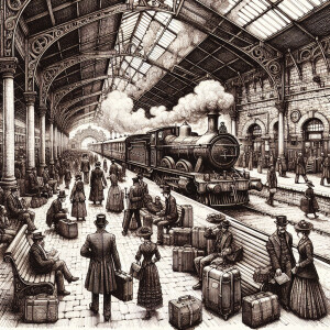 Pen and Ink. Train in Station. Late 19th Century.
