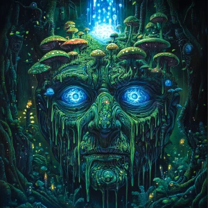 An epic, tribal face with dripping wet skin, blue eyes, and mush...