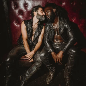 Create an image of two men both black hair and beard wearing lea...