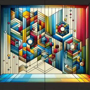 window design featuring interlocking shapes, intricate patterns,...