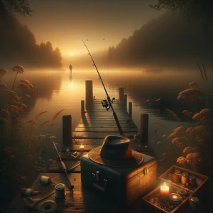 A peaceful lakeside memorial scene at golden hour. A lone fishin...