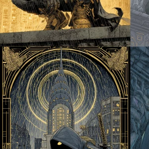 /imagine prompt: Crouched manga-style mystic on a massive, grote...