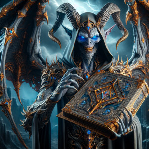 a highly-detailed  macabre demonic devil with vibrant silver ski...