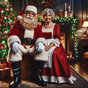Santa Claus and Mrs. Claus in a cozy Christmas setting