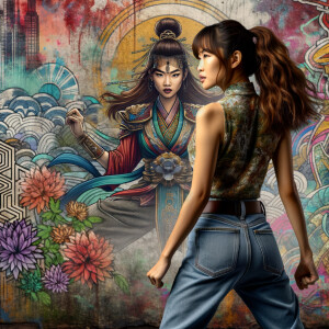 Attractive, Asian teenage girl, long brown hair and bangs, wearing tight skinny jeans and a halter top paint marks on her clothing, backside view heroic pose Asian graffiti