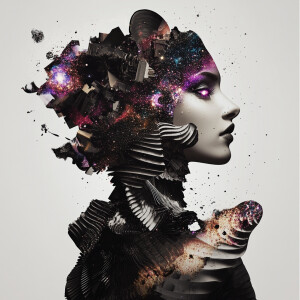 Futuristic female figure adorned with glowing, space-inspired pa...