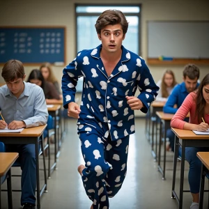A funny dream scene of someone running late for an exam in their...