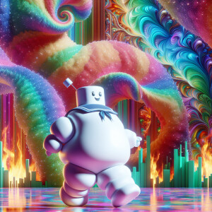 A gigantic marshmallow titan strolling through the fantastical r...