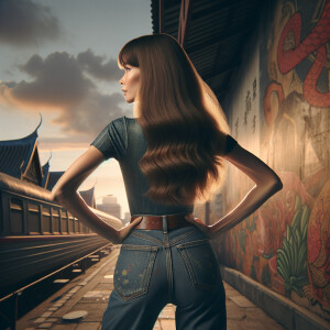 Athletic Thin skinny Attractive, Asian teenage girl, long brown hair and bangs, wearing tight skinny jeans and a halter top paint marks on her clothing, heroic pose Asian graffiti background, backside view