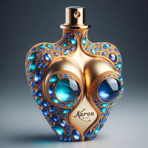 Create a 3-D realistic gold and blue, colorful jewels perfume b...