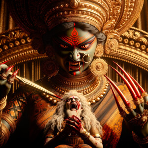 portrait of angry looking goddess durga sitting on a gold crown...