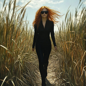 Photorealistic image. Ginger haired woman, fair skin walking in...