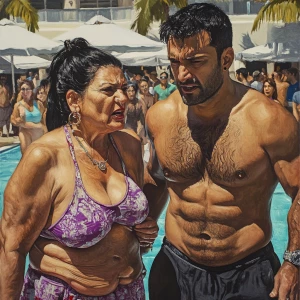 PhotoRealism  painting,a muscular beefy sweaty man  walking with...