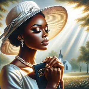 Render an airbrush oil painting of an African American woman with flawless makeup in a
contemplative pose, holding a Bible close to her heart, dressed in an elegant Sunday Best
outfit with a distinctive Church Hat. The background features a peaceful church garden,
with light filtering through the trees, highlighting her spiritual connection and the personal
moment of reflection. The artwork should capture the tranquility of the scene, the beauty
of her attire, and the depth of her contemplation, reflecting a serene and spiritually