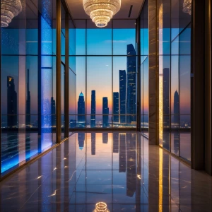 A sweeping shot of an ultra-luxury modern Dubai hallway in the e...